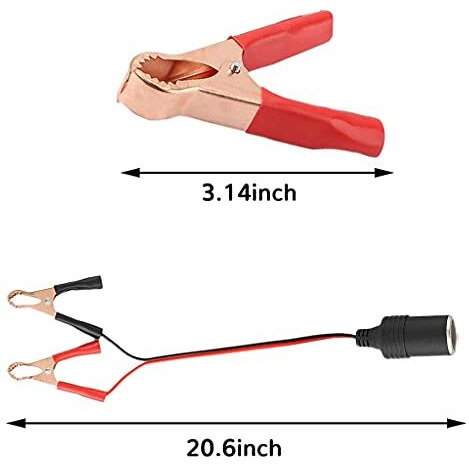 Verilux 1Ft 12V 24V Female Car Cigarette Lighter Socket To Battery Alligator Crocodile Clips Connector, Car Battery Clamp-On Extension Charge Cable