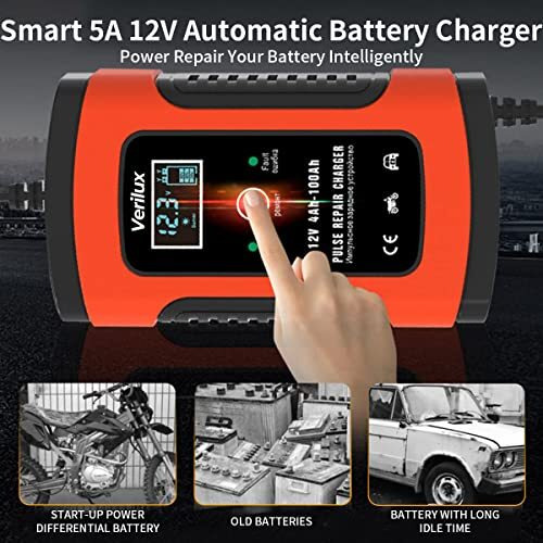 Verilux Fully Automatic Battery Charger 5A 12V, Car Battery Charger & Maintainer- Eu Plugfor Car, Motorcycle, Lawn Mower And More(Red)