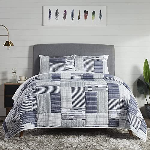 Pano 100% Cotton Double Bedding Set, 120 Gsm, 4 Piece Set, 1 Comforter, 1 Bedsheet And 2 Pillow Cases, Jaiden Bedding Set 220 Cm X 240 Cm, Blue