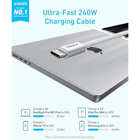 Anker Zolo Usb C To Usb C Cable, Braided And Dirt-Free Type C Fast Charging Cable, Slim Connector, For Iphone 16 Series, Macbook (240W) (White, 6Ft)