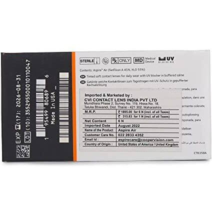 Coopervision Aspire Air Uv Blocking Monthly Disposable Spherical Silicone Hydrogel Lenses (6 Lenses/Box) (-3.75)