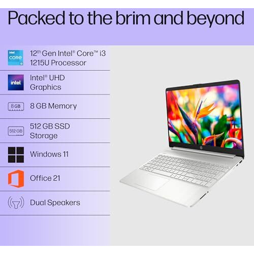 Hp 15S, 12Th Gen Intel Core I3-1215U, 8Gb Ddr4, 512Gb Ssd, (Win 11, Office 21, Silver, 1.69Kg) Anti-Glare, Micro-Edge, 15.6-Inch(39.6Cm) Fhd Laptop, Intel Uhd Graphics, Hd Camera, Backlit Kb, Fq5327Tu