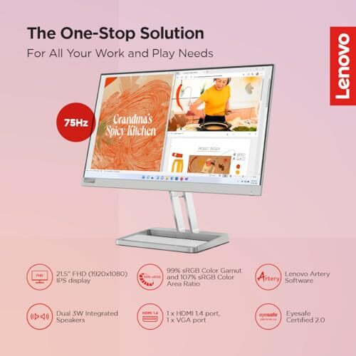 Lenovo L-Series 22 Inch (54.6Cm) | Fhd Ips Ultraslim Monitor| 75Hz, 99% Srgb, 4Ms, Amd Freesync, Hdmi 1.4, Vga, 2X3W Speakers,Tilt Stand, For Home & Office Use, 3 Year Warranty,Grey, L22I-40