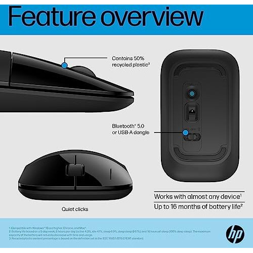 Hp Z3700 Dual Black Mouse, Bluetooth 5.0, Usb-A Dongle, 2.4 Ghz Wireless Connection, Multi-Surface Tracking, Silent Clicks, Up To 1600 Dpi, 16-Month Battery Life, 3-Year Warranty, 50G, Black, 758A8Aa