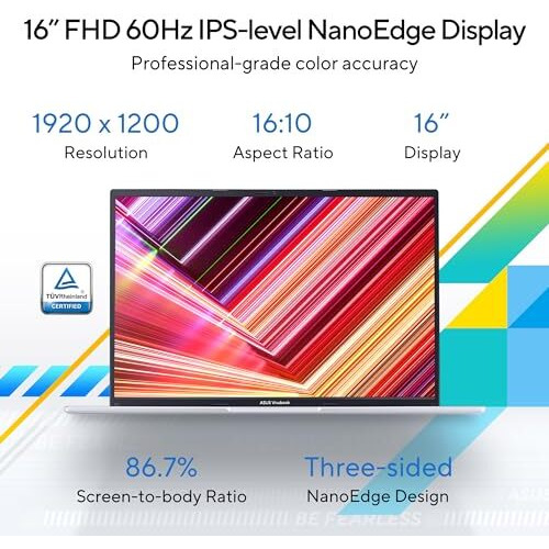 Asus Vivobook 16, Intel Core I5-12500H, 16Gb Ram, 512Gb Ssd, Fhd+ 60Hz 300Nits, 16", Windows 11, Ms Office Home, Transparent Silver, 1.88Kg, X1605Zac-Mb541Ws, Fingerprint, 42Whr Battery Laptop