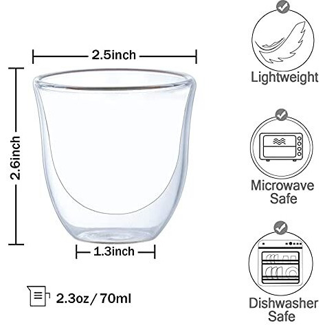 Baskety Double Walled Espresso Glasses, Set Of Insulated Espresso Shot Glass Durable Easy To Clean Demitasse Cups 70Ml Clear Coffee Glass Cappuccino Cups Tea Cups Glasses(Pack Of 2)