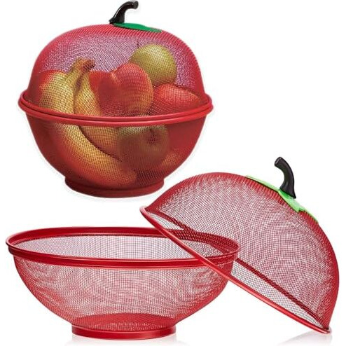 Hurryshoppy Fruit Basket With Lid Net Cover Steel Big Size For Dinning Kitchen Home Apple Shape Net Cover Protective Fruits Vegetables Food Storage Basket Strainer Kitchen Accessories (Red) (1)