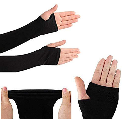 Winkelen Black Full Arm Sleeves Gloves With Thumb Hole | Uv Fingerless Full Hand Gloves For Men's And Women's Driving Gloves | Dust & Sun Protective Cotton Socks Hand Sleeves, Hand Cover (1 Pair)