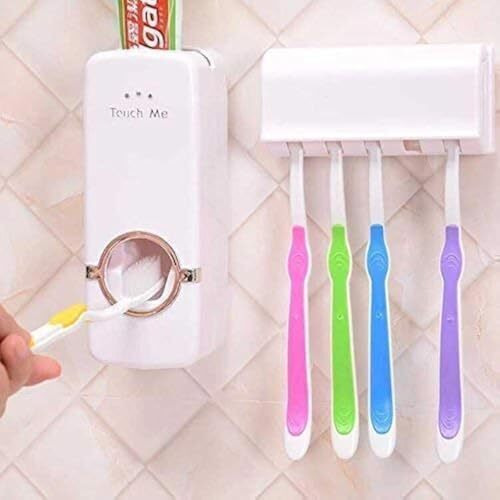 Lexazo Hands Free Wall Mounted Plastic Dust Proof Automatic Toothpaste Dispenser And Detachable Hole 5 Toothbrush Holder, White