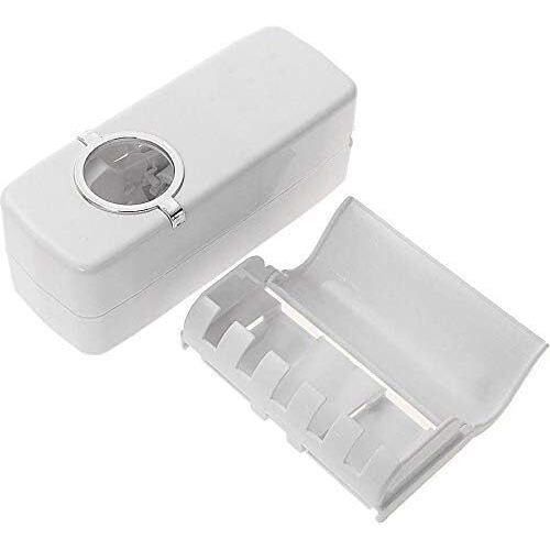Lexazo Hands Free Wall Mounted Plastic Dust Proof Automatic Toothpaste Dispenser And Detachable Hole 5 Toothbrush Holder, White
