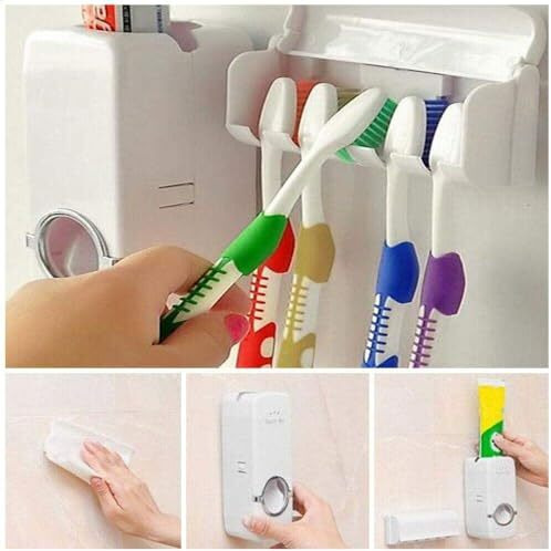 Lexazo Hands Free Wall Mounted Plastic Dust Proof Automatic Toothpaste Dispenser And Detachable Hole 5 Toothbrush Holder, White