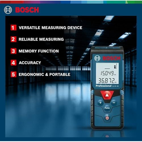 Bosch Glm 40 Professional Laser Distance Measurer | Versatile Laser Measuring Device | Laser Class 2, Range Up To 40.00 M, 0.15 M| Memory Function, Ip54 Rated| Batteries Included| 1 Yr Warranty