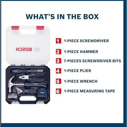 Bosch Hand Tool Kit, 12-Pieces Kit, Professional Hand Tools, Precision Tools, Ergonomic Design, Durable & Rust-Resistant, Blue, Hard Case For Secure Storage