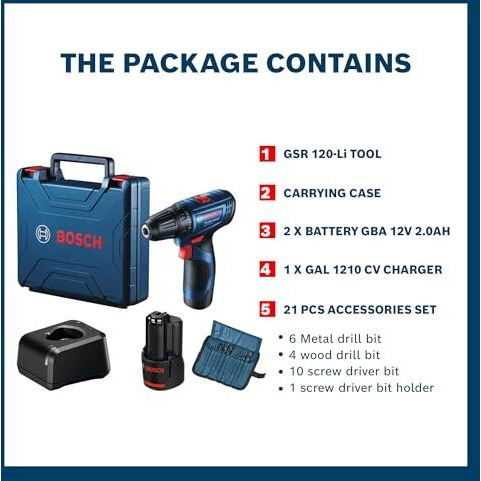 Bosch Gsr 120-Li Professional 12V Cordless Drill Driver Kit |10Mm Chuck Size| No-Load Speed (1St/2Nd)- 0-400/0-1500 Rpm | Torque (Hard/Soft)- 30/14 Nm | 2 Batteries Included| 1 Yr Warranty