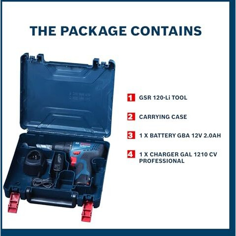 Bosch Gsr 120-Li Cordless Drill Driver, 12V, 1,500 Rpm, 14/30/- Nm, 10 Mm Chuck, 0.8 Kg + 1 X Gba 12V 2.0Ah Battery, Gal 1210 Cv Professional Charger, Carrying Case, 1 Year Warranty