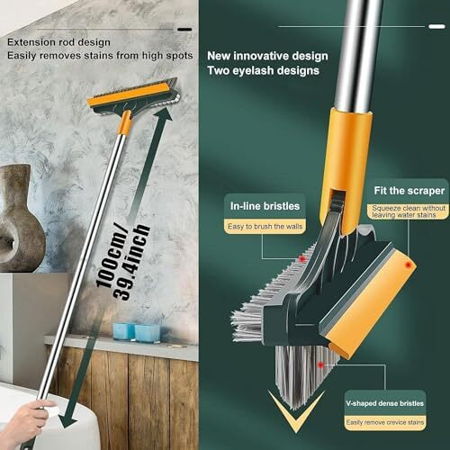 Bathroom 3-In-1 Bathroom Cleaning Brush With Wiper-Bathroom Cleaning Brush Long Handle 180 Rotate Toilet Brush Bathroom Tiles Cleaning, Wiper Floor Scrub For Kitchen Bathroom Cleaning (3 In1)