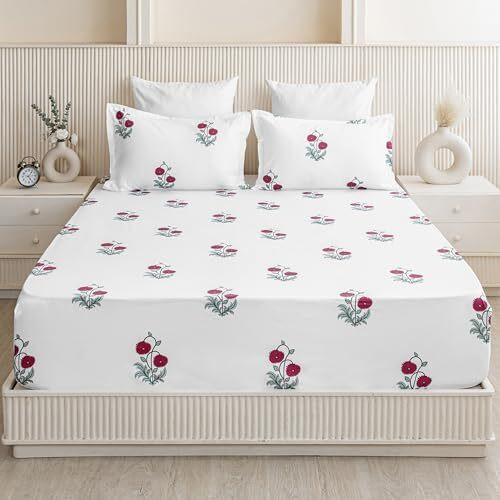 Homemonde All Around Elastic Fitted Bedsheet 210Tc Soft Cotton Queen Size 78 X 72 Inches Floral Printed Fitted Sheet With 2 Pillow Covers, Red Rose - 198 X 182 Cm