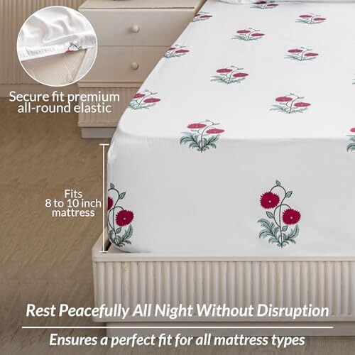 Homemonde All Around Elastic Fitted Bedsheet 210Tc Soft Cotton Queen Size 78 X 72 Inches Floral Printed Fitted Sheet With 2 Pillow Covers, Red Rose - 198 X 182 Cm