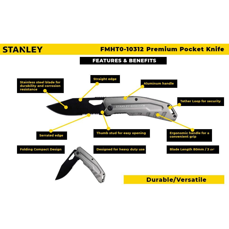 Stanley Fatmax Fmht0-10312 Premium Pocket Foldable Knife, Stainless Steel Blade, Slim & Lightweight Finger Contoured Aluminium Handle, Silver