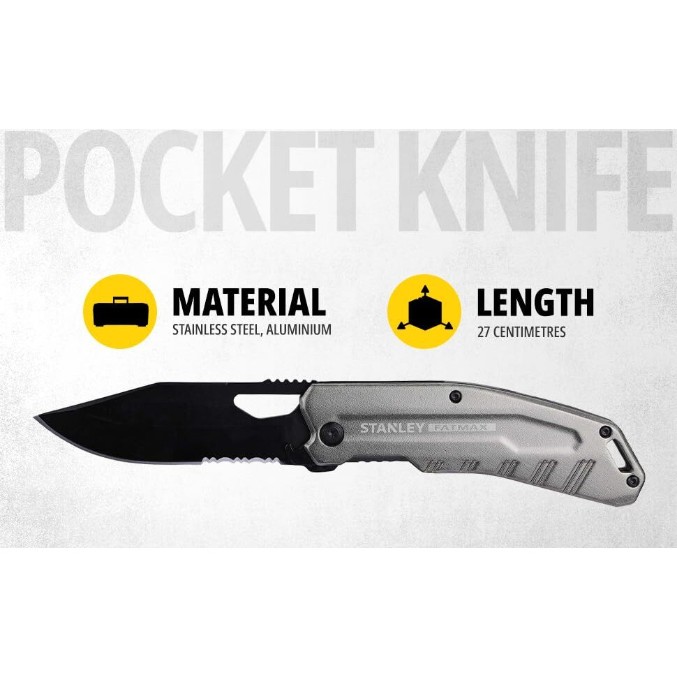 Stanley Fatmax Fmht0-10312 Premium Pocket Foldable Knife, Stainless Steel Blade, Slim & Lightweight Finger Contoured Aluminium Handle, Silver
