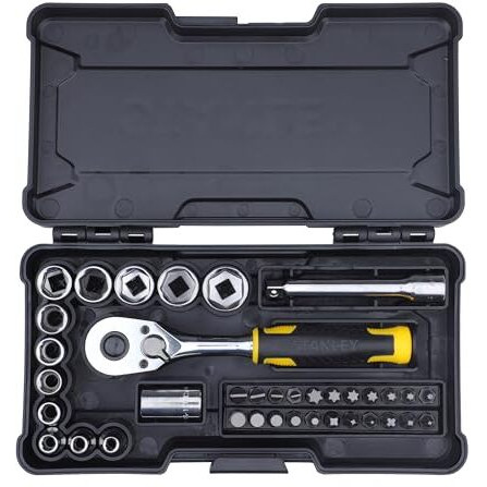 Stanley Stmt82672 1/4" 37-Piece Chrome Compact Socket Set Comes With A Heavy-Duty Plastic Case For Home, Diy, Industrial & Professional Use, Yellow & Black