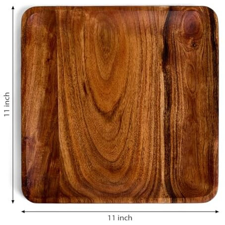 Saaga Acacia Solid Wood Kitchen Serving Tray - 11 X 11 Inches - Square Serve Platte Use For Salads, Noodles, Snacks, Drinks - Brown