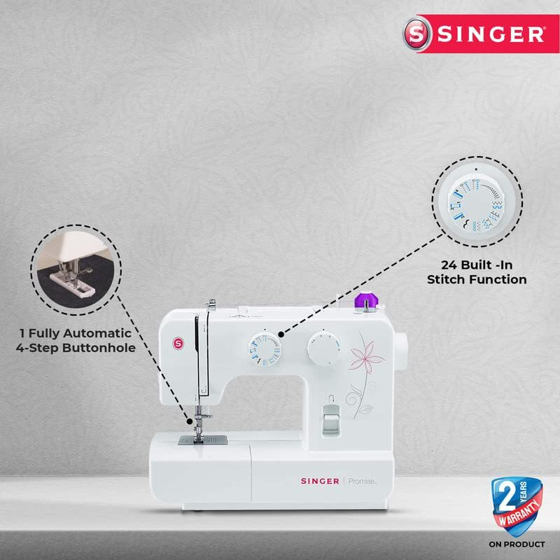 Singer Promise 1412 Zig-Zag Sewing Machine, 12 Built-In Stitches, 25 Stitches Functions (White) With 70 W Powerful Motor & Feed Dog With106 Teeth In 6 Rows-Get Free Online Interactive Master Class