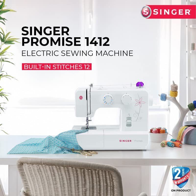 Singer Promise 1412 Zig-Zag Sewing Machine, 12 Built-In Stitches, 25 Stitches Functions (White) With 70 W Powerful Motor & Feed Dog With106 Teeth In 6 Rows-Get Free Online Interactive Master Class