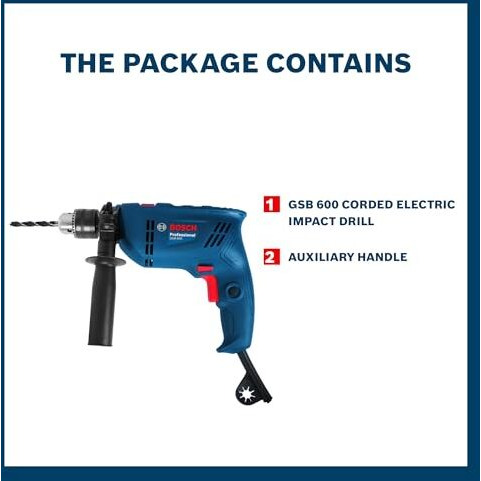 Bosch Gsb 600 Corded Electric Impact Drill | 600 W Motor | Speed Upto 3000 Rpm | Rated Torque Of 1.4 Nm | Impact Rate Upto 48000 Bpm | Double Insulation | 1 Year Warranty