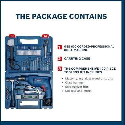 Bosch Gsb 600 Corded Electric Impact Drill, 100Pcs Accessory Set | 600 W Motor | Speed Of 3000 Rpm | Rated Torque Of 1.4 Nm | Impact Rate Of 48000 Bpm | Double Insulation | 1 Year Warranty