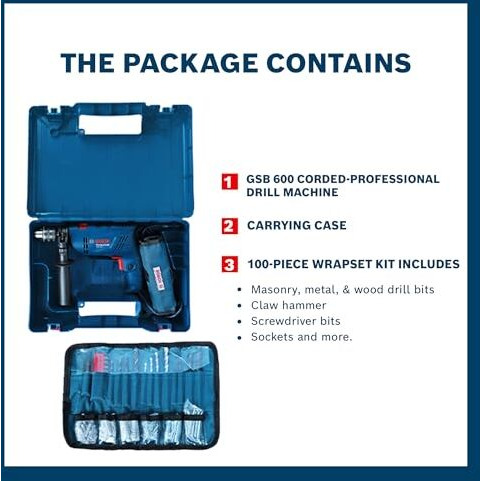Bosch Gsb 600 Corded Electric Impact Drill Wrap Set| 600W Motor | Speed Upto 3000 Rpm | Rated Torque Of 1.4 Nm | Impact Rate Of 48000 Bpm | Forward/Reverse Rotation, Double Insulation | 1 Yr Warranty