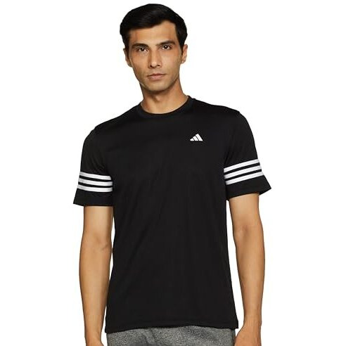 Adidas Polyester Men's Striped Regular Fit T-Shirt (Jj4206_Black S)