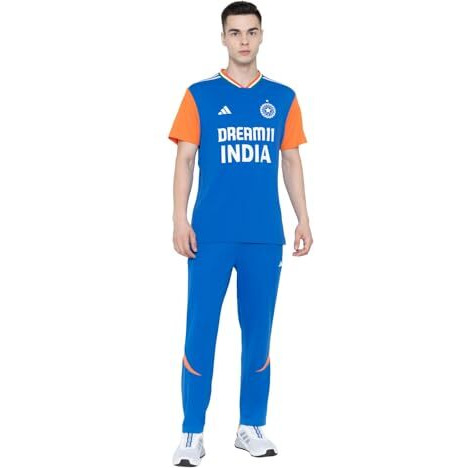 Adidas Men's Polyester Geometric Relaxed Fit T-Shirt (Jn3145_Dkblue/Trueorang, Small