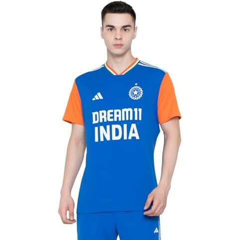 Adidas Men's Polyester Geometric Relaxed Fit T-Shirt (Jn3145_Dkblue/Trueorang, Small