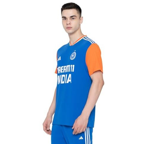 Adidas Men's Polyester Geometric Relaxed Fit T-Shirt (Jn3145_Dkblue/Trueorang, Small