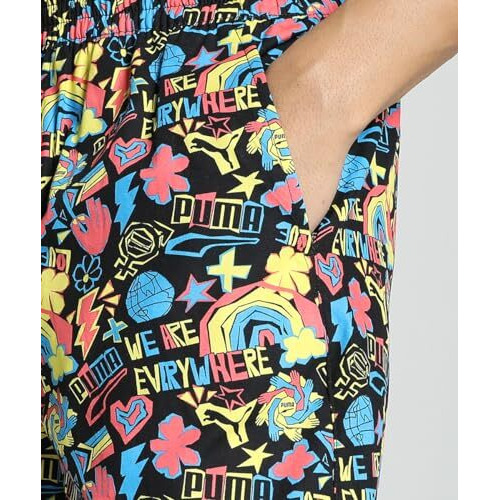 Puma Men's Cotton Classic Printed Boxer Shorts (Pack Of 1) (685242_Black-Firelight-Speed Blue-Lemon Zest