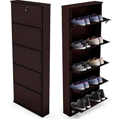 Flipzon Alloy Steel 5 Door Shoe Rack 21" For Home|Holds Upto 12 Pairs|Wall Mounted|Space Saver|Rust Free|Sturdy And Durable|Chappal/Slipper Stand|Metal Shoe Cabinet (Brown, 530 X 140 X 1710 Mm)