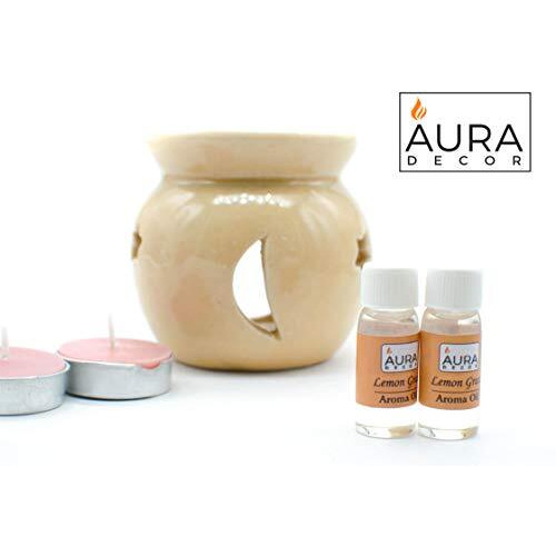 Auradecor Fragrance Heat Diffuser Gift Set With Tealight Candles | Aroma Oil Burner Set | Scented Oil | For Home Decor & Aromatherapy Candles (Lemon Grass)