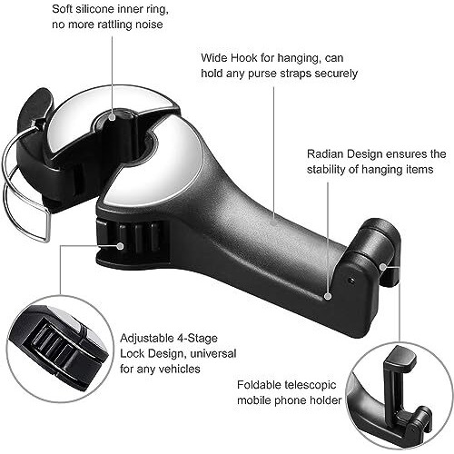 Shoppofobix Car Headrest Hidden Hook With Phone Holder, Seat Hooks For Purses And Bags, Universal 360 Rotation Headrest Purse Hook (Classic)