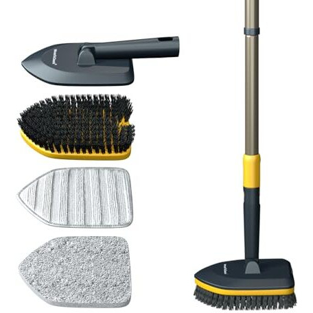 Minutetocleanit Bathroom Cleaning Brush With Long Handle, Hard Bristles, Microfiber Pad & Scrubber Combo For Tiles, Floor, Toilet, Window & Glass - 58.2 Inch Extendable Pole, Detachable Head, Yellow