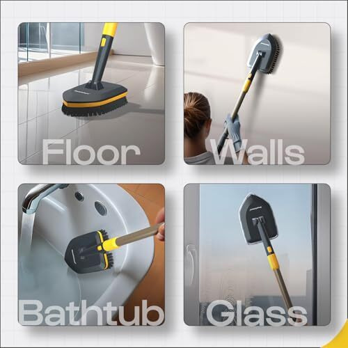 Minutetocleanit Bathroom Cleaning Brush With Long Handle, Hard Bristles, Microfiber Pad & Scrubber Combo For Tiles, Floor, Toilet, Window & Glass - 58.2 Inch Extendable Pole, Detachable Head, Yellow