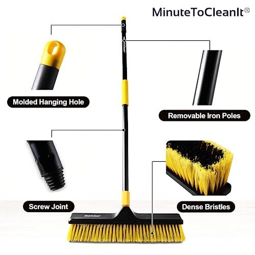 Minutetocleanit 18-Inch Heavy Duty Cleaning Brush, Yard Broom With Extendable Handle For Garden, Walkway, Balcony, Industrial Spaces And Outdoor Area, 65.3-Inch-Long Pole, Wet & Dry Use, Yellow