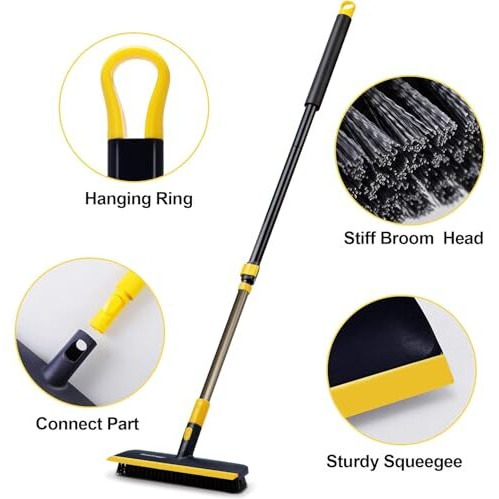 Minutetocleanit Floor Scrub Brush With Squeegee, 45.3-55.9" Extendable Handle, 11.8" Wide Head, For Tiles, Hardwood, Patio, Yellow (2 In 1 Brush)