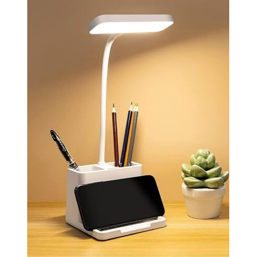 Flyngo Plastic 3 Color Mode Led Study Table Desk Lamp For Students With Pen & Phone Holder, Rechargeable Touch On/Off Studying (204White)