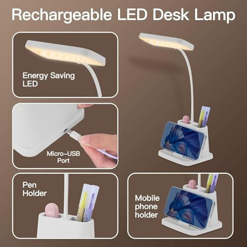Flyngo Plastic 3 Color Mode Led Study Table Desk Lamp For Students With Pen & Phone Holder, Rechargeable Touch On/Off Studying (204White)