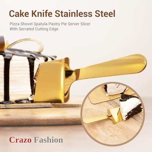 Crazo Fashion Cake Cutting Knife Stainless Steel, Pizza Shovel Spatula Pastry Pie Server Slicer With Serrated Cutting Edge, Cutter For Birthday, Wedding Party (Pack Of 1) (Golden)