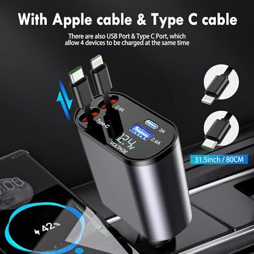 Zurato Retractable Car Charger 4 In 1 Super Fast Car Charger, 120W, 2 Usb Ports Car Adapter Retractable Cables (31.5 Inch), Charger Compatible All Iphone, Ipad, Tablets (120)