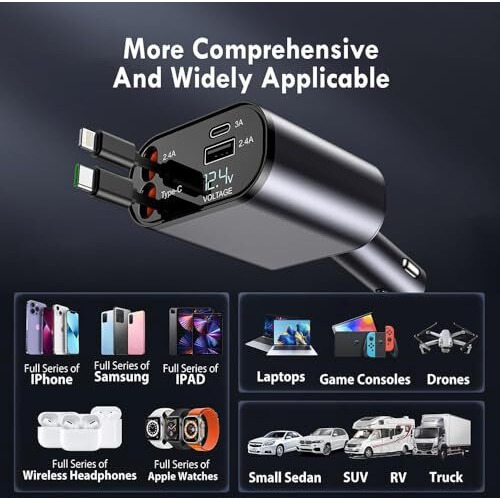 Zurato Retractable Car Charger 4 In 1 Super Fast Car Charger, 120W, 2 Usb Ports Car Adapter Retractable Cables (31.5 Inch), Charger Compatible All Iphone, Ipad, Tablets (120)