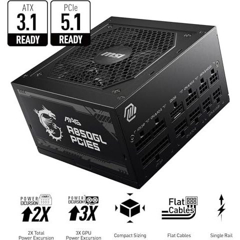 Msi Mag A850Gl Pcie5 Power Supply Unit, 850W, 80 Plus Gold, Fully Modular, Atx 3.0, Pcie 5.0 Gpu Support, 120Mm Fdb Fan, Full-Bridge Llc, Flat Black Cables - 7 Year Warranty