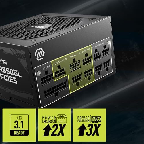 Msi Mag A850Gl Pcie5 Power Supply Unit, 850W, 80 Plus Gold, Fully Modular, Atx 3.0, Pcie 5.0 Gpu Support, 120Mm Fdb Fan, Full-Bridge Llc, Flat Black Cables - 7 Year Warranty